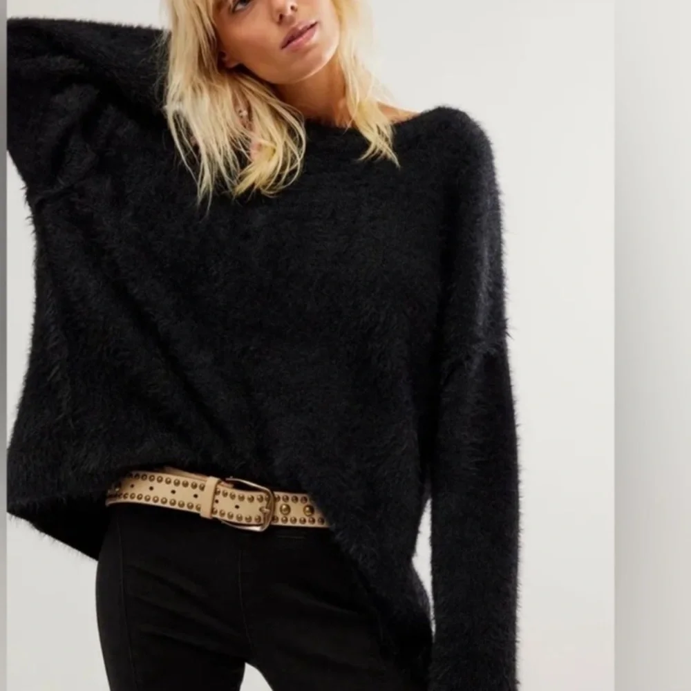 New! Free People Black Harrison Bunny Fuzzy Sweater Size Large nbnn